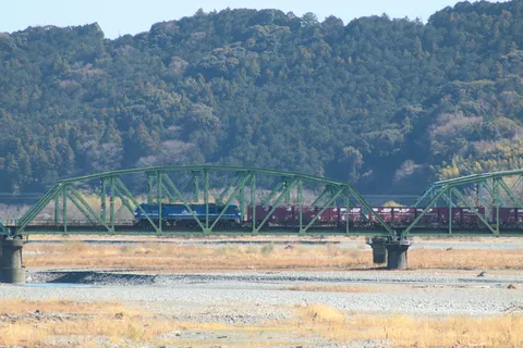 緑の橋を渡る貨物列車