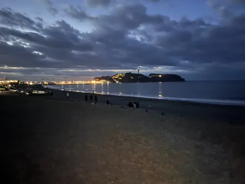 宵闇の海辺、遠く輝く街