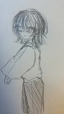 ペン画の少女、視線が物語る