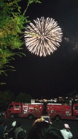 夜空に咲く大輪と赤い車