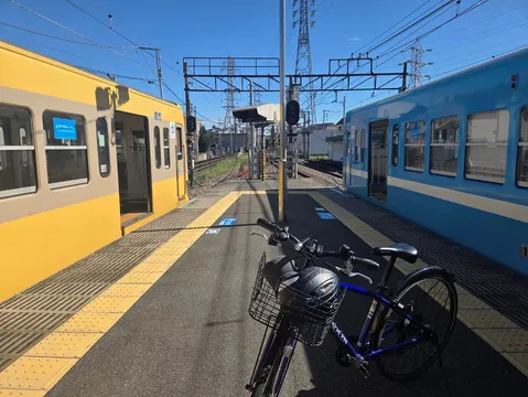 黄色と青の列車が並ぶ午前