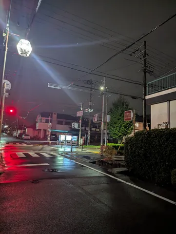雨上がりの街灯、水たまりに映る光