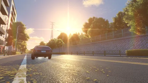 夕暮れ時、車と秋の道