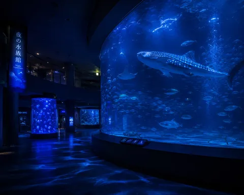 神秘的な青の世界、水族館の夜