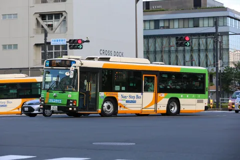 都会を走る、緑と白のバス