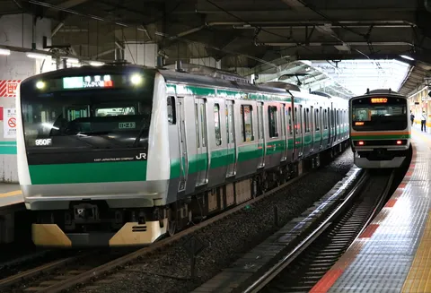 緑の列車が呼ぶ朝の駅