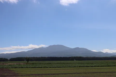 空と山のグラデーション、畑の緑