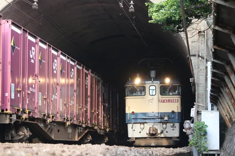トンネルから現れるEF65の力強さ
