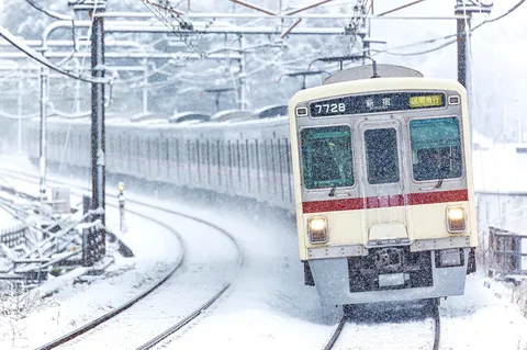 吹雪の中を走る、旅情あふれる列車