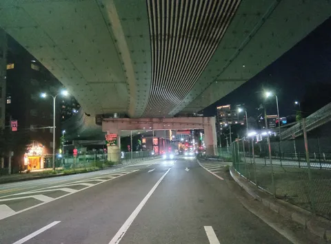 夜の高架が作る道の影
