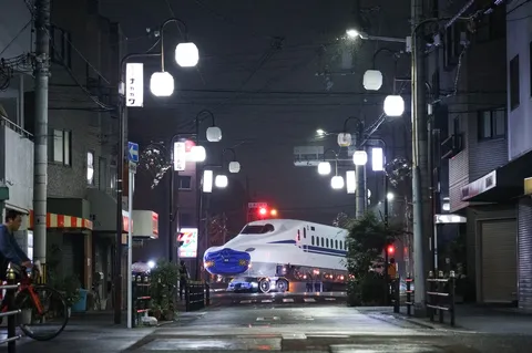 夜の街に現れた新幹線