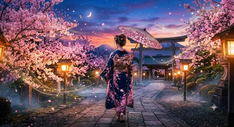 桜舞う夕暮れ、和傘の女性