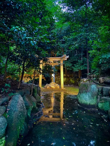 森の奥、水鏡に映る光の鳥居