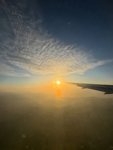 機窓に映る、空と太陽と翼