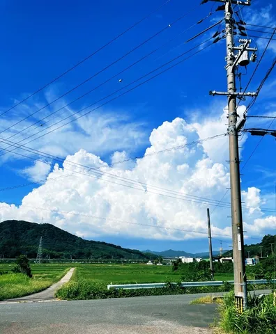 夏の入道雲と電線のある風景