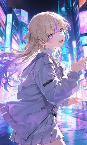 夜のネオンと微笑み