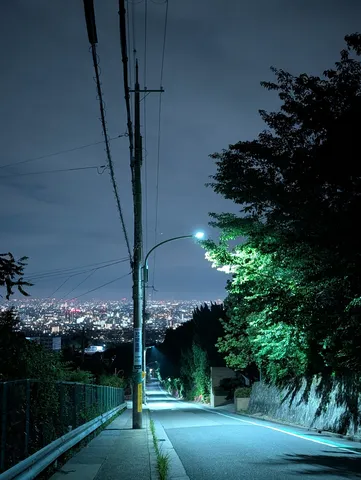 坂道の先に広がる都会の夜景