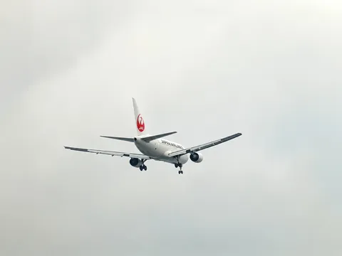 滑空するJAL機、雲間から