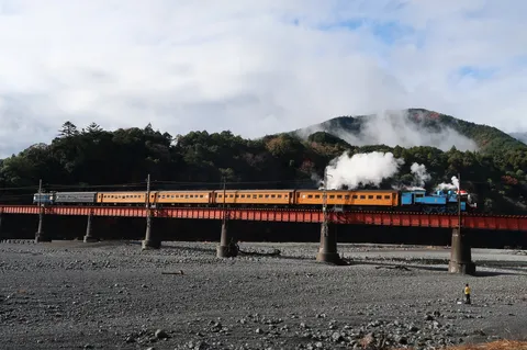 山霧と鉄橋を渡る汽車の旅