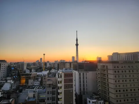 夕焼けに染まるスカイツリーと街並み