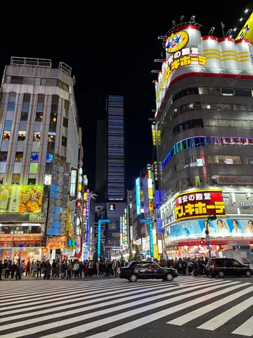 夜の繁華街、光の交差点