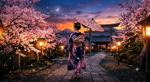 桜舞う宵の散歩道