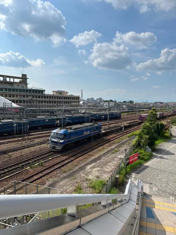 青い機関車が走る線路風景