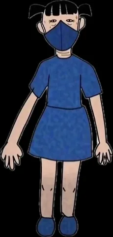 青い服の少女、マスク姿