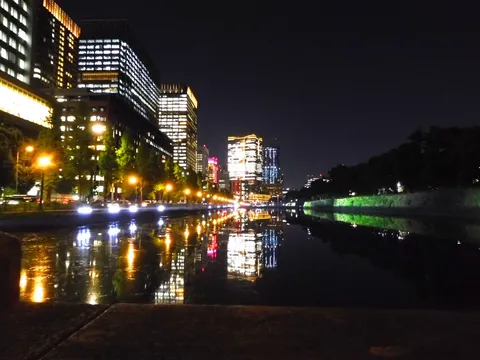 夜景と水面の光の道