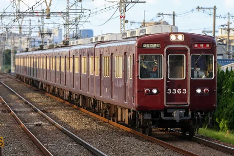 架線の下を走るえんじ色
