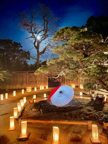 月明かりと提灯が彩る夜の和風庭園