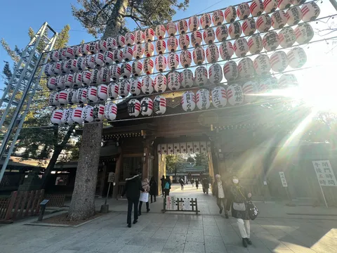 陽光きらめく提灯の門