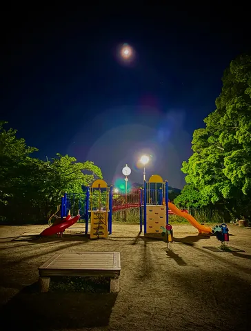 夜の遊園地、月明かりと灯りのファンタジー