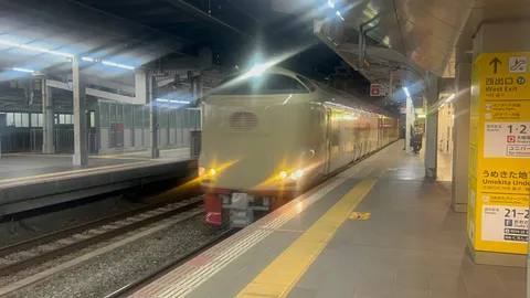 夜の駅、光の特急列車