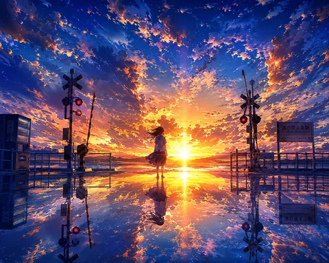 夕焼けと水鏡のプラットホーム