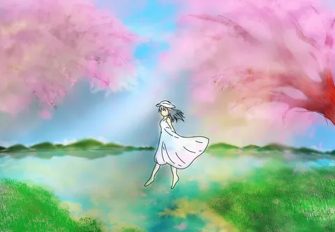 春風に舞う、白ワンピの少女