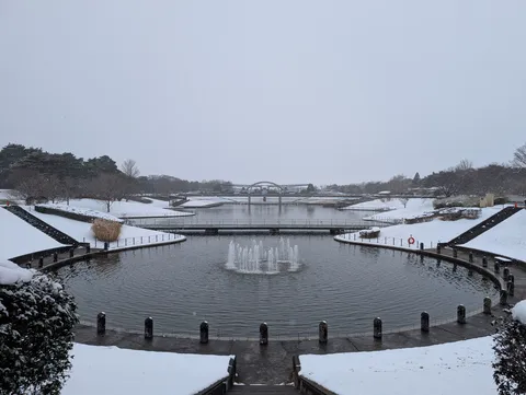 雪化粧した水辺の風景