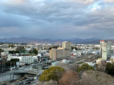 曇り空と街並み、遠くの山々