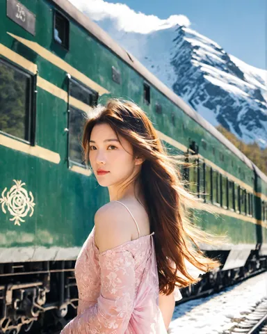 雪山と緑の列車の風景