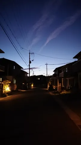 黄昏時の住宅街、灯りが灯る頃