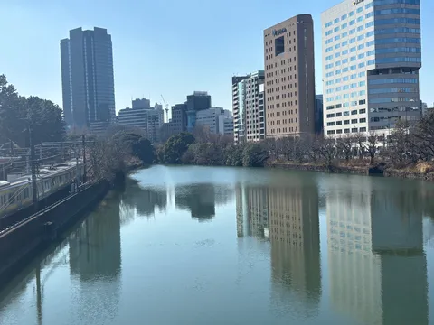都会のオアシス、水面に映るビル群