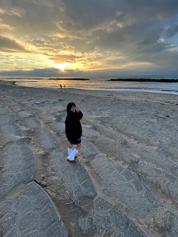 夕暮れの海岸、波打ち際のシルエット