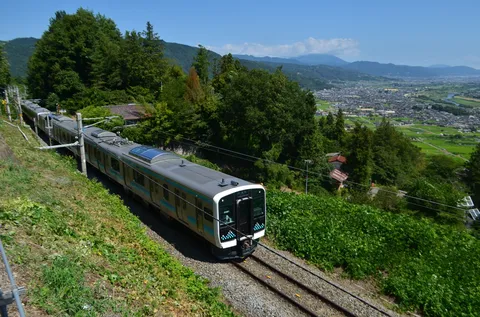 山間の緑を駆け抜ける列車
