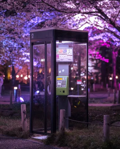 桜と電話ボックスの光景