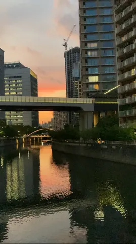 夕暮れの都会、水面に映る光