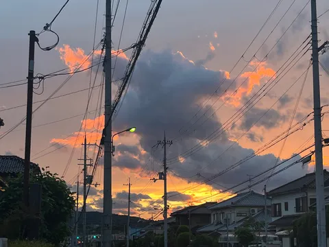 電線と夕焼けのコントラスト