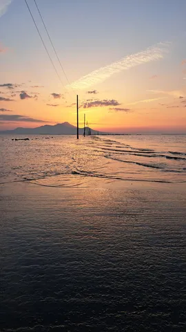 沈む太陽と電柱の行進