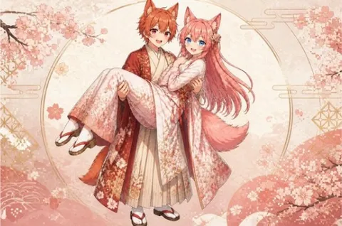 狐耳と桜の和風祭り