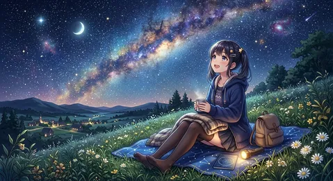 星空の下、満点の夜空を眺める少女