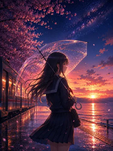 桜舞う雨上がり、夕暮れ時の星空駅